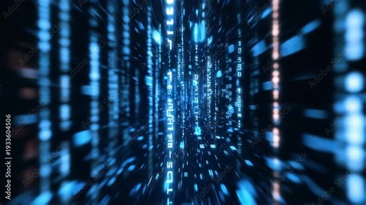 Cyberpunk time tunnel effect by moving digital data stream across, allowing for instant teleportation. Square matrix, data network, data analysis, Transition effect. Looping teleportation tunnel. 4K.