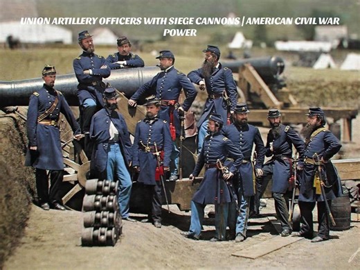 Rare American Civil War photograph showing Union Army artillery officers standing beside massive siege cannons during active military operations. These heavy artillery guns were used in prolonged sieges such as Petersburg, delivering devastating firepower capable of destroying fortifications and reshaping battlefields. Dressed in regulation blue uniforms, these officers represent the command structure behind Union artillery — the most destructive and decisive weapon system of the Civil War. Sieg