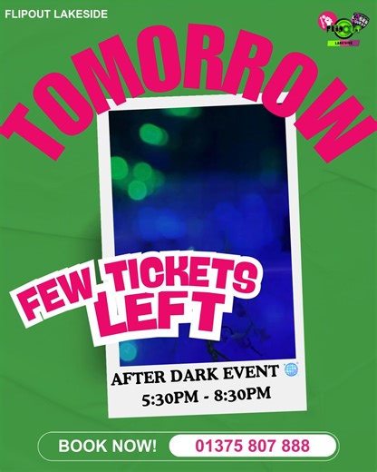 ⏰ TOMORROW NIGHT! Few tickets left for our After Dark Event 🌙🔥 3 hours of action-packed fun, Laser Quest thrills, and pizza to keep the energy high — the perfect way to kick off half term! 📍 Flip Out Lakeside ⏰ 5:30pm – 8:30pm 📞 Book now before it sells out! - 01375807888 | Flip Out Lakeside