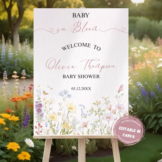 Baby In Bloom Baby shower Welcome Sign, Printable Floral Wildflower Sign, Spring Baby Shower Decor, Instant Download