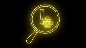 Download Illuminated magnifier frames gold bars exclamation point against black backdrop for free