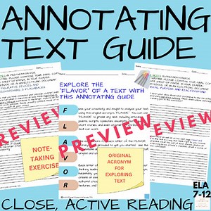 Annotating Text Features Worksheet, Chart: Middle-High School English ELA 7=12th