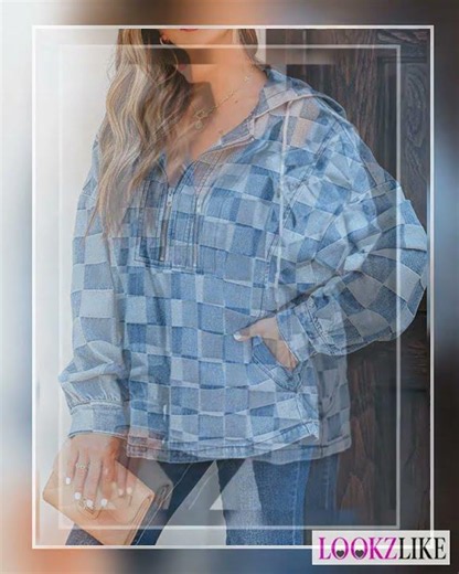 Checkered Half Zip Denim Hoodie Top