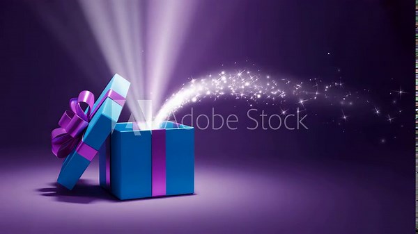 Blue gift box opens with magical light and sparkling stars, revealing surprise and wonder