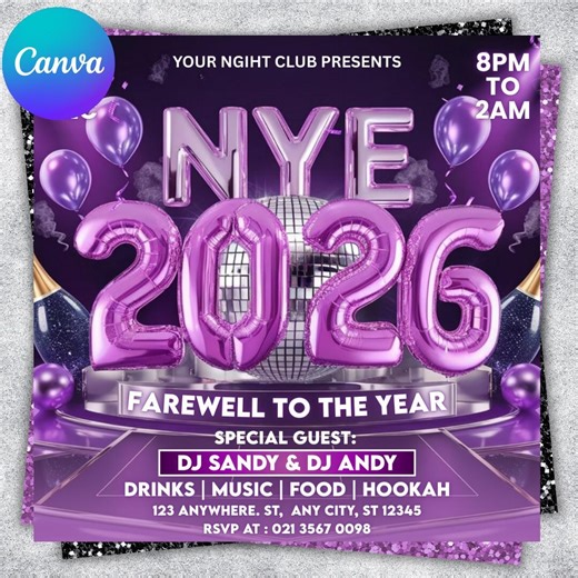 New Year Party Flyer 2026, Year Event Flyer, Night Party, Night Club, Countdown Night Event, Happy New Year, Dj Party Flyer, Canva Editable - Etsy