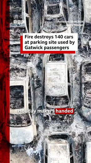 The blaze at Caldyne Business Park near Crawley broke out on Saturday night and images show huge flames and massive plumes of smoke above rows of stationary cars. #Gatwick #Airport #London #Sussex #BBCNews