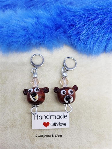 Handmade Lampwork Glass Brown Bear Dangle Earrings With Swarovski Crystals, Stainless Steel Lever Backs, SRA - Etsy