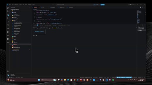 I built a Terminal AI Agent in TypeScriptYou type in plain English. It executes real actions on your machine.Here's how it works:It uses LangChain to bind 9 tools to an OpenAI model:→ execute_command – runs any shell command→ read_file / write_file – reads and writes files→ replace_in_file – surgical in-place edits→ list_directory / change_directory – navigates your filesystem→ search_text – grep-like search across files→ current_directory – knows where it is→ get_time – time awarenessIt maintai