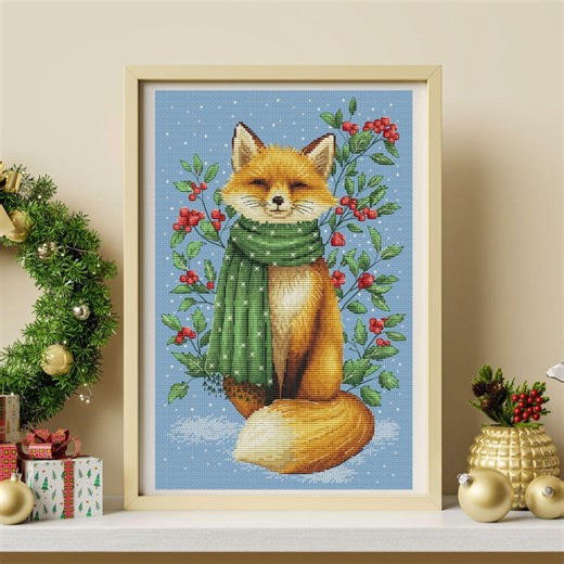 Winter Fox Cross-stitch Pattern, Green Scarf, Berries (PDF) - Etsy