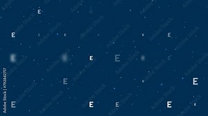 Template animation of evenly spaced capital letter E symbols of different sizes and opacity. Animation of transparency and size. Seamless looped 4k animation on dark blue background with stars
