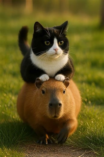 A capybara carries a cat on a peaceful walk. #capybara #cat #friendship #cute #wholesome