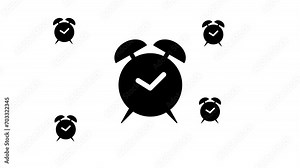 Zoom in and out animation the alarm clock symbol. Large black symbol in the center and four small symbols around. Seamless looped 4k animation on white background