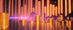 Shimmering golden coin stacks rise majestically, each stack taller than the last