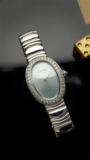 Cartier Baignoire 1955 23mm 18K White Gold Factory Diamond Bezel Blue Double C Dial Watch