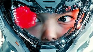 A child's face, half hidden behind a robotic arm. The robot's eye is looking directly at the child, and they are smiling. technology theme.