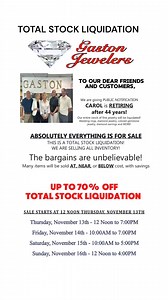 Carol is RETIRING after 44 years! ✔️ Our entire stock of fine jewelry will be liquidated! Absolutely everything is for SALE! 🔥UP to 70% OFF ➡️ SALE STARTS at 12 Noon Thursday, November 13th. #salesalesale #jewelrysale #finejewelry #shoplocal #LastChanceSale | Gaston Jewelers