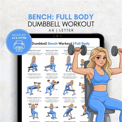 Dumbbell Bench Full Body Workout Printable | Full Body Exercise Poster | Womens Dumbbell Chart | Home Gym Womens Full Body Workout PDF - Etsy