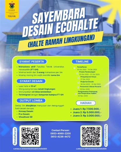 Fakultas Teknik Unhas on Instagram: "🌿 Sayembara Desain Ecohalte 2025 🌿 Waktunya kamu berinovasi untuk menciptakan halte ramah lingkungan yang futuristik, fungsional, dan mencerminkan ciri khas keteknikan Fakultas Teknik Universitas Hasanuddin! 💡✨ 💼 Peserta: Mahasiswa aktif Fakultas Teknik Unhas (minimal 3 orang per tim) 🗓️ Timeline: 📍 Pendaftaran: 16–19 Oktober 2025 📍 Perancangan: 20–27 Oktober 2025 📍 Pengumpulan & Penjurian: 27–31 Oktober 2025 📍 Pengumuman Pemenang: 3 November 2025 🏆