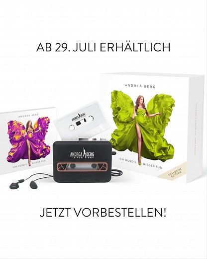 Am 29.07. erscheint Andrea Bergs neues Album "Ich würd's wieder tun", wovon es auch eine exklusive Edition der Fanbox mit ganz besonderen Specials gibt! 💖 Ein zusätzliches Booklet mit den schönsten Impressionen aus 30 Jahren Andrea Berg sowie ein Nearly Real-Tattoo mit dem Schmetterlingscover-Motiv für den perfekten Look zu den Live-Shows 🦋 Und nur bei Amazon gibt es als absolutes Highlight in der Box einen Walkman inkl. Kopfhörer im Since 1992-Look sowie das Album auf Musik-Kassette! 😍 Jetzt
