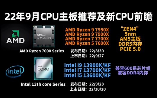 【建议收藏】2022年9月CPU主板推荐及新CPU上市前瞻！CPU性能天梯图及价格走势！CPU主板性价比分析及推荐！英特尔13代酷睿/AMD7000系锐龙前瞻