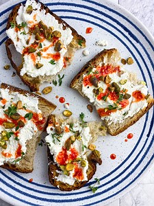 Ricotta Toast (With Hot Honey and Pistachios) - Tastefully Grace