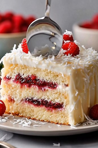 Coconut-Raspberry Cream Burst Cake Treat yourself to this...