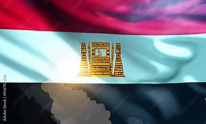 "Illustrate a cartoon flag for Egypt, with a friendly Sphinx and pyramids glowing in the background."