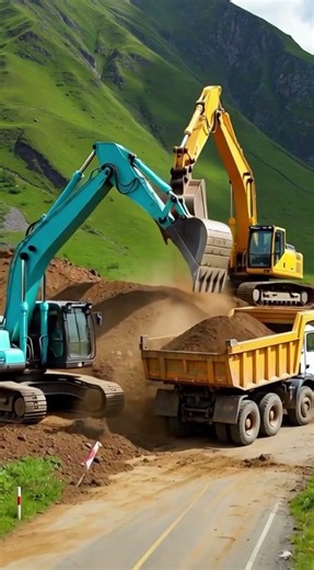 Kerja Sama 2 Excavator Membersihkan Tanah Pegunungan