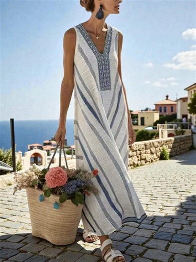Boho Linen Style Maxi Dress Women Sleeveless V Neck Summer Beach Dress - Etsy