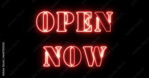 Neon open now Animated sign. Neon effect. 4K Video motion Animation.