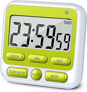 KTKUDY Digital Kitchen Timer with Mute/Loud Alarm Switch ON/Off Switch, 12 Hour Clock & Alarm, Memory Function Count Up & Count Down for Kids Teachers Cooking, Large LCD Display, Strong Magnet (Green)