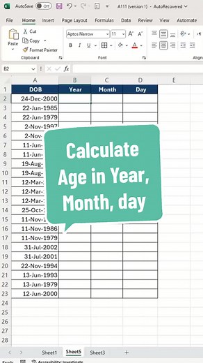 Calculate Age in Excel in Year, Month and day by using DATEDIF Function لحساب العمر في برنامج الاكسيل باليوم والشهر والسنة . . . #exceltricks #exceltips #dataanalytics #finance #business #tutorials #learning #accounting #excel_learning #study #spreadsheets #SQL #server #corporate #work #company #الاكسيل #English #تعلم #Math #Age