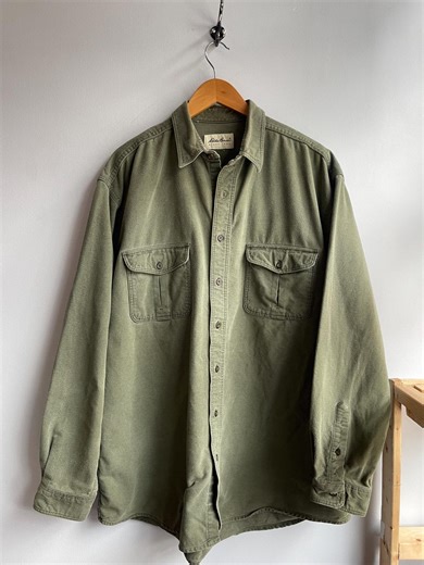 EDDIE BAUER / Vintage Workshirt / Chamois Cotton / Green Shirt / Dad Shirt / 90s Vintage Eddie Bauer / Military Style / Outdoor / Men's L-XL - Etsy