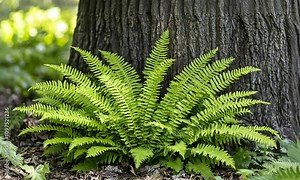 Lush green ferns thriving at the base of a large tree trunk in a forest setting. Stock Video