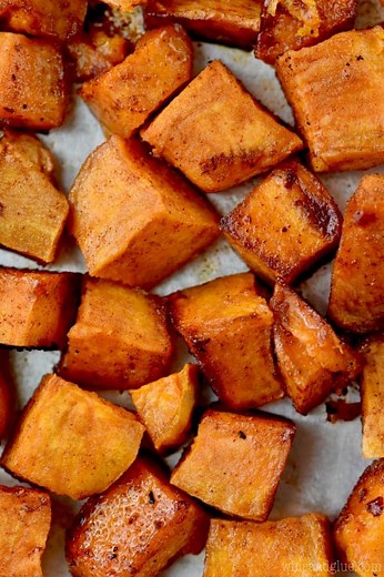 Brown Sugar Roasted Sweet Potatoes (5 minutes prep time!)