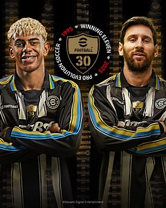 It's time to collect Messi and Lamine Yamal 🙌 The classic 30th anniversary uniform features black and white stripes, reminiscent of the kits from the 1990s. Log in now and celebrate #eFootball in style! #eFootball30th | eFootball