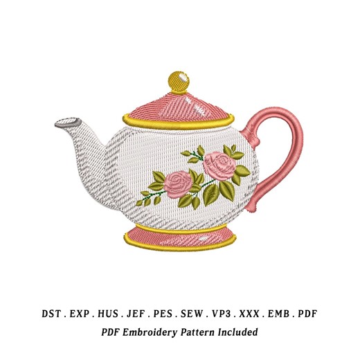 Classic Pink Teapot Embroidery Design | Vintage Floral Teapot Illustration | Cottagecore Kitchen Outline Stitch File | Digital Machine Embro - Etsy