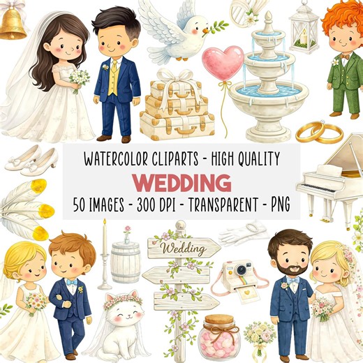 50 Wedding Clipart PNG, Bride and Groom Clipart Set, Elegant Wedding Couple, Party, Watercolor Style, Commercial Use, Instant Download - Etsy