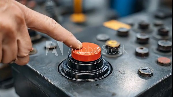 Technician pressing an emergency stop button on a metal stamping machine control panel to quickly halt operations during a safety drill