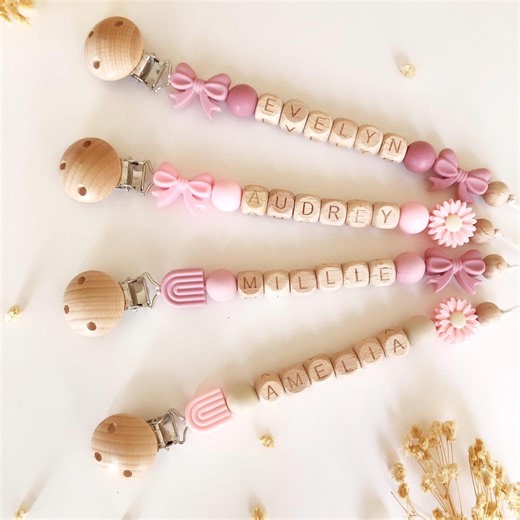 Personalized Dummy Clip Bow: Pink Crochet Bead, Pacifier Holder | Personalized Pacifier Clip | Custom Newborn Soother Holder - Etsy