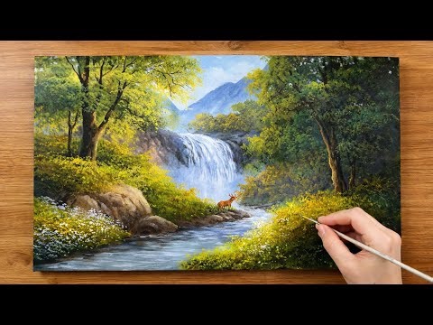 Acrylic Waterfall Painting Tutorial | Easy Landscape Step by Step | Relaxing Painting Video