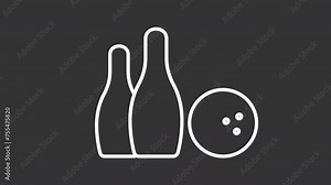 Animated bowling equipment white icon. Ball sport line animation. Outdoor activity, competition. Recreational hobby. Isolated illustration on dark background. Transition alpha video. Motion graphic