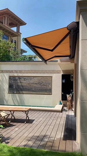 Retractable awning over backyard to provide shade and light #awning #pergola #awnings #canopy #outdoor #architecture #design #outdoorliving #pergolas #shade #home #tente #aluminium #patio #fyp #decor #homedecor#