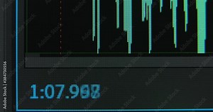 Color digits change on timecode and slider moves while movie maker edits sequence in computer program on black monitor macro view