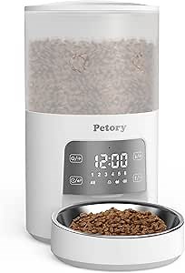 Petory Timed Automatic Cat Feeders - 4L Cat Dry Food Dispenser of 6 Meals with Voice Recorder and Desiccant Bag, Support Dual Power for Cats and Dogs