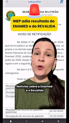 Bárbara D’Alegria | CRM: 52-98490-6 | RQE: 32341 on Instagram: "⚠️ Enamed e Revalida têm cronogramas retificados: resultados definitivos serão publicados no dia 12/12! O Inep publicou hoje novas retificações, alterando datas importantes para o Enamed 2025 e o Revalida 2025/2. A divulgação dos resultados dos recursos, do gabarito definitivo e da publicação do resultado final foram adiados para a semana que vem, dia 12 de dezembro. A mudança ocorre tanto no Enamed como para a 1ª etapa do Revalida: