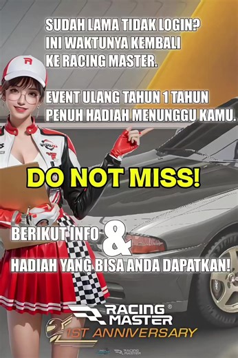 INFO PENTING! login & ayo kembali ! Hal-hal besar akan segera datang, para pembalap! Kami memulai semuanya dengan R32 gratis - dan itu baru permulaan. Mobil-mobil luar biasa, kostum-kostum mewah, balapan tanpa henti - perayaan ini tak pernah berakhir. Lihat daftar lengkapnya di bawah ini! #racingmaster #backtoRM #anniversary #nextbannerracingmastersea #creatorsearchinsights