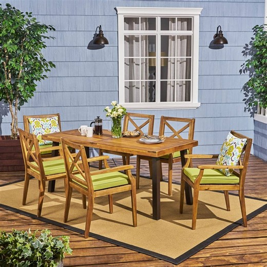 Noble House Juniper Teak Brown 7-Piece Wood and Metal Outdoor Dining Set with Green Cushions 53469 - The Home Depot