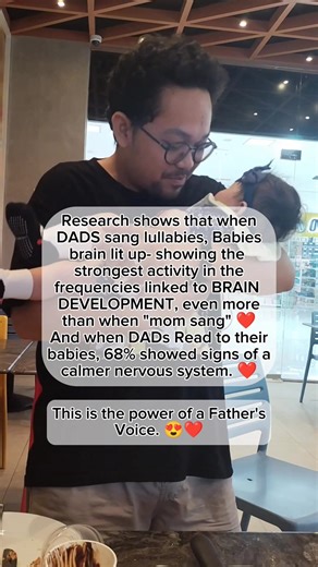 Did you know? Science shows that when DADS sing lullabies, a baby’s brain actually lights up. 🧠❤️ Studies on early brain development found that when fathers sing to their babies, the baby’s brain shows strong activity in frequencies linked to learning, memory, and brain growth — in some cases, even stronger than when mom sings. Why does this happen? Babies hear their mother’s voice constantly in the womb. It becomes familiar, comforting, and deeply tied to safety. Dad’s voice, on the other hand