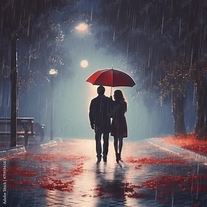 Woman valentines rain. lovely romantic couple walking together under a shared umbrella, strolling along a deserted road after a refreshing rain shower , seamless 4K Lofi looping animation for